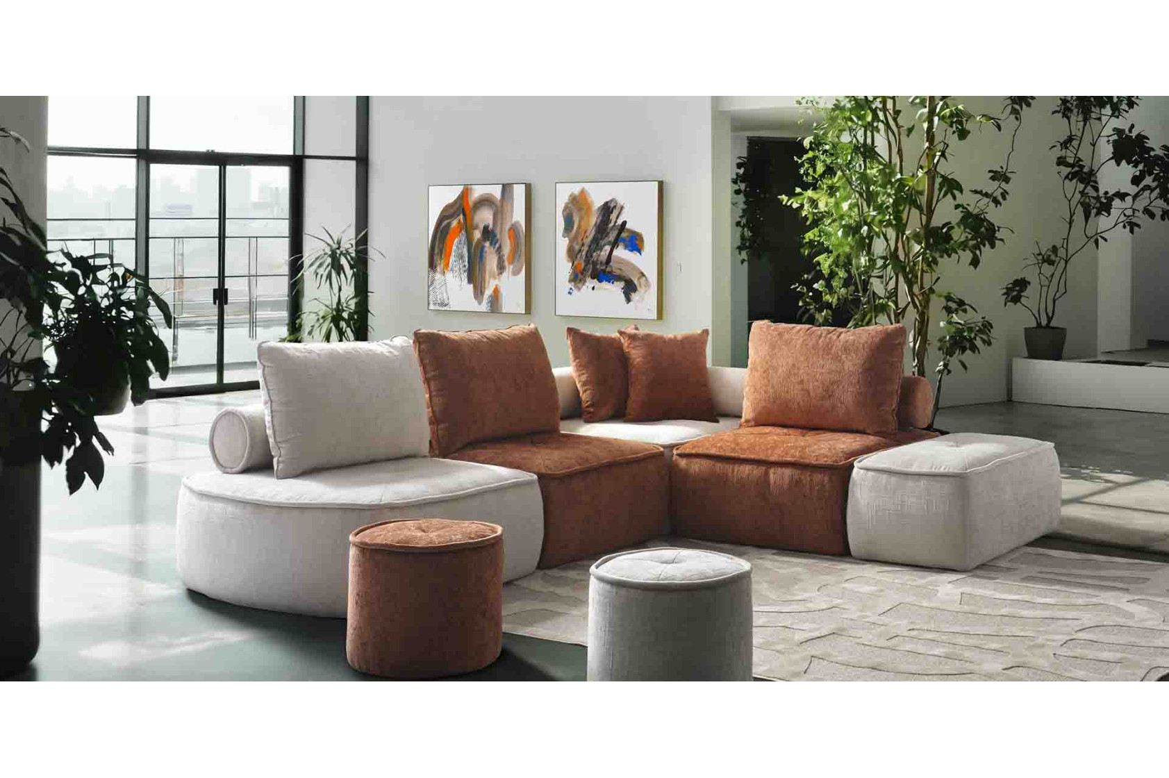 canapé d'angle modulable en tissu et modules indépendants