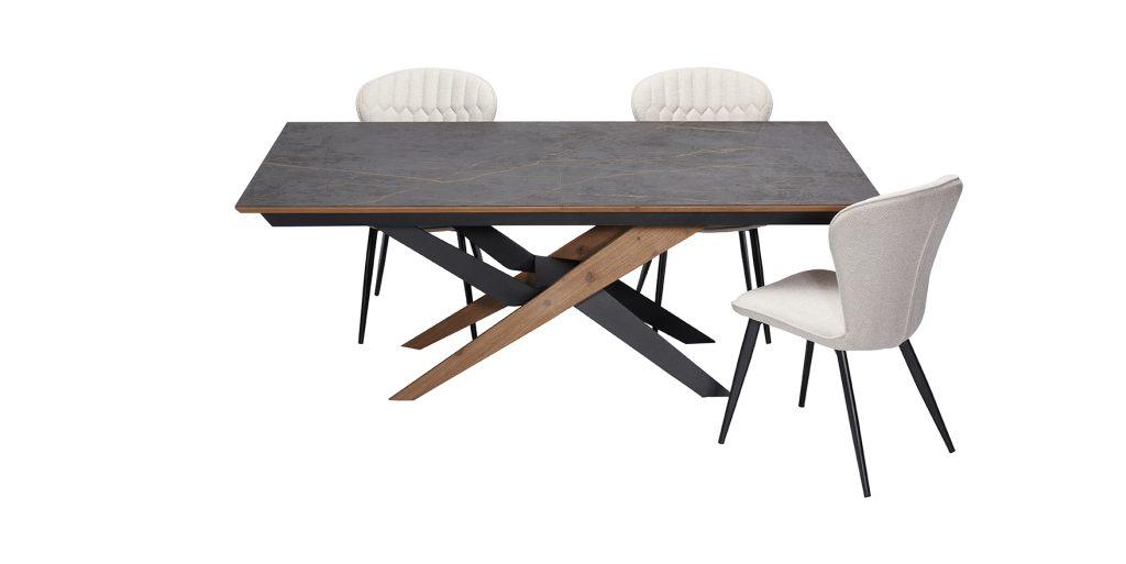 Table de repas en céramique et bois pieds en X et chaise olivia